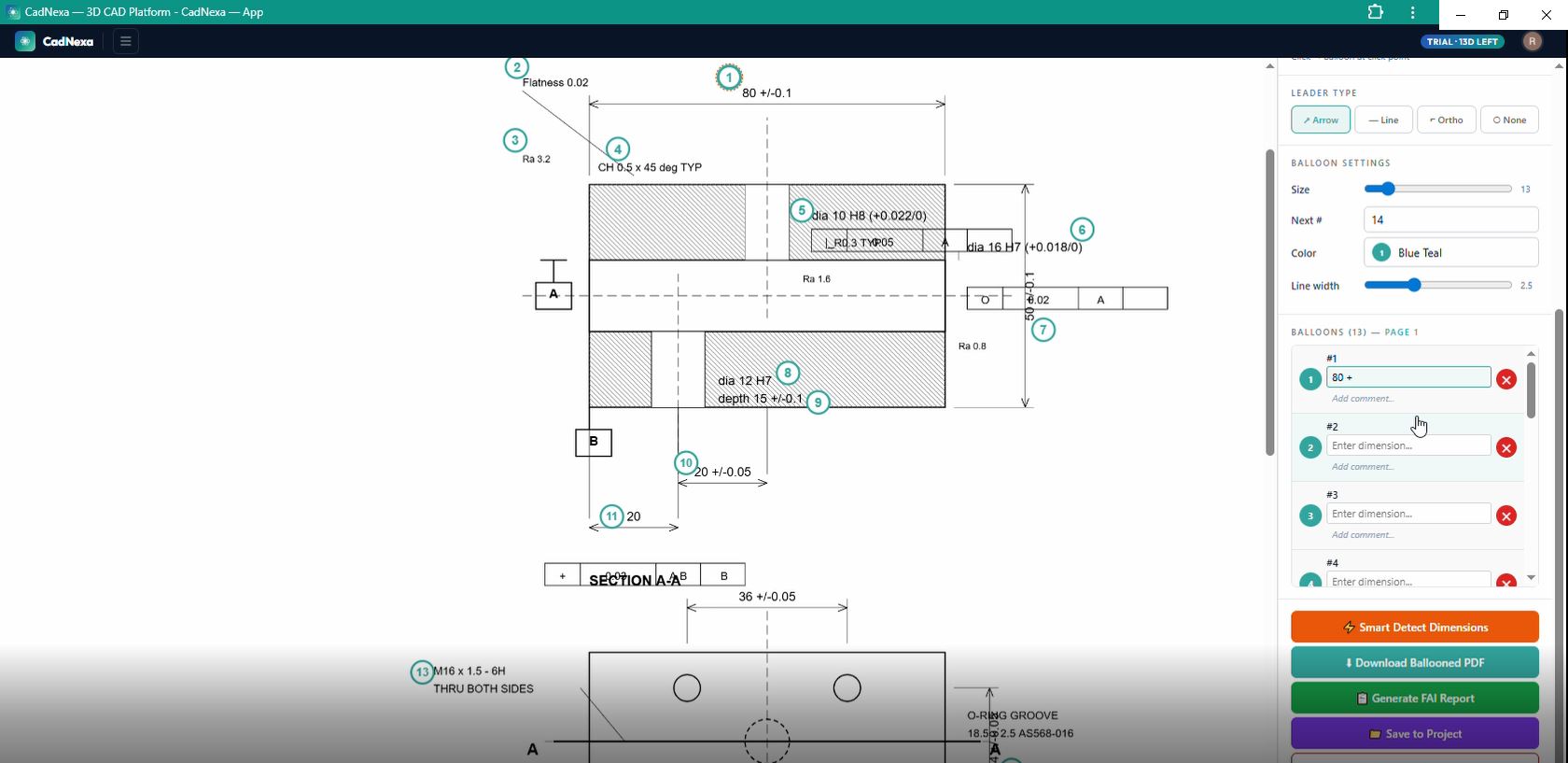CadNexa Balloon Tool showing Box+Balloon mode with leader arrows, dimension capture, and color settings