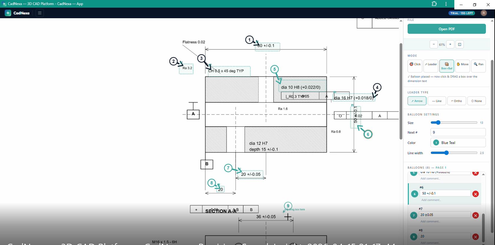 CadNexa Balloon Tool with 13 balloons placed, dimension list in side panel, Smart Detect and FAI Report buttons visible