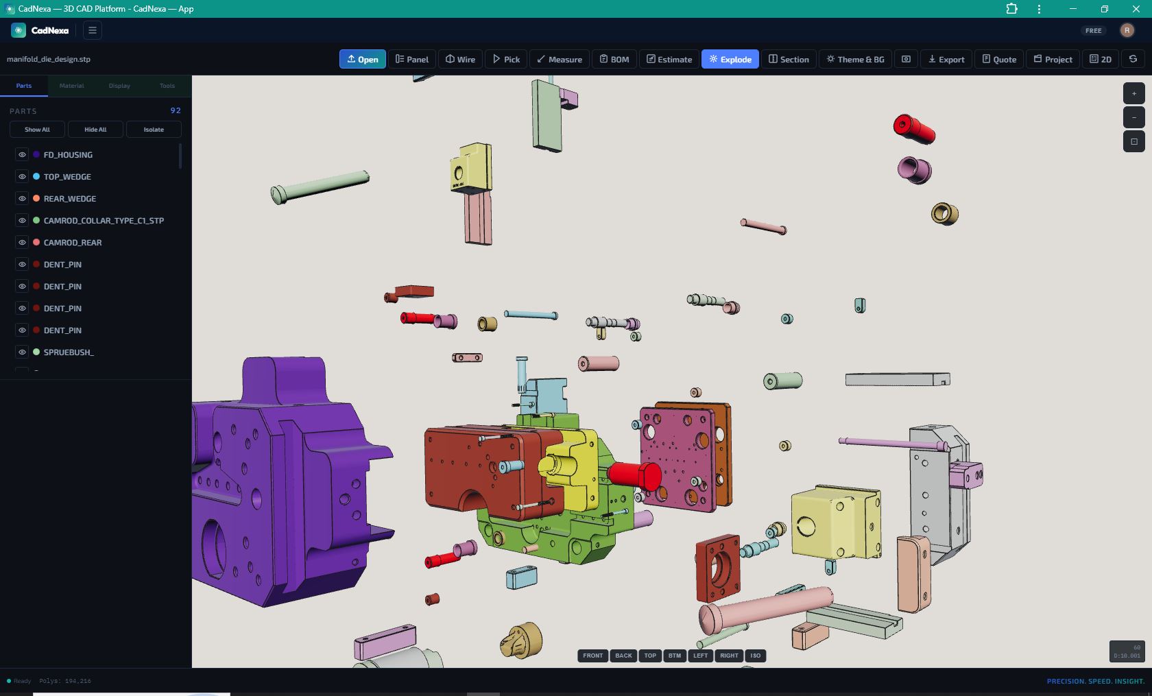 CadNexa 3D viewer showing 92-part assembly with exploded view, parts tree, and color-coded components